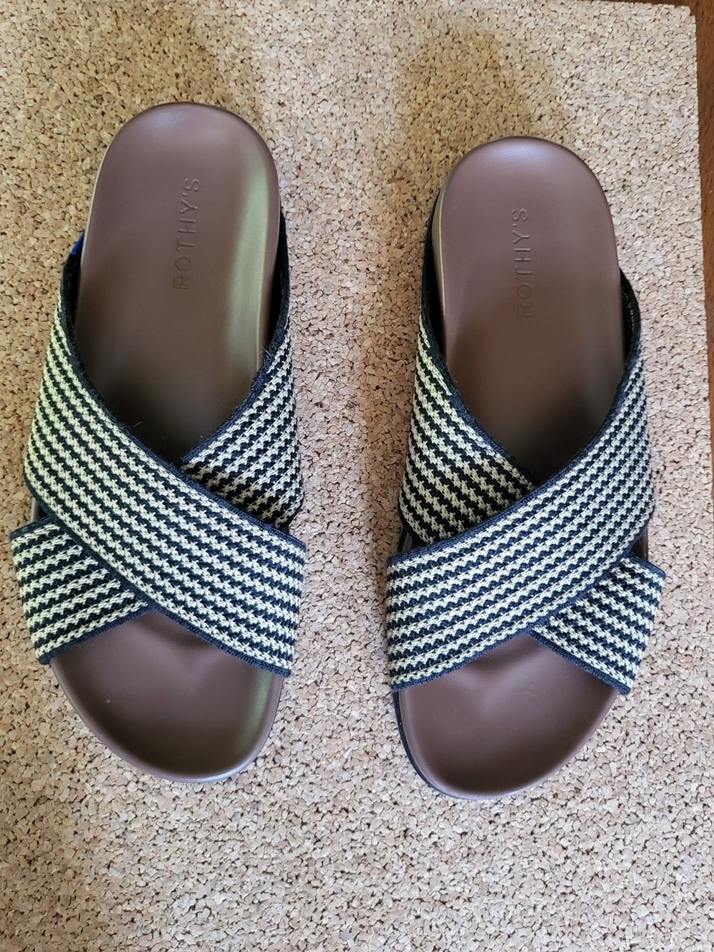 Rothy’s The Weekend Slide Toffee Stripe Sandals Size 9 NWOT
